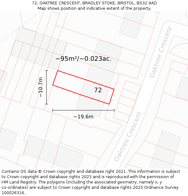 72, OAKTREE CRESCENT, BRADLEY STOKE, BRISTOL, BS32 9AD: Plot and title map