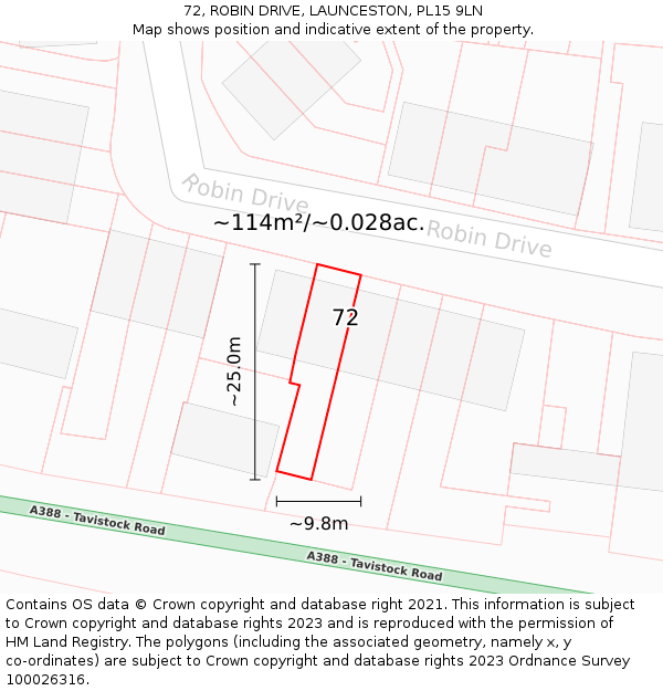72, ROBIN DRIVE, LAUNCESTON, PL15 9LN: Plot and title map