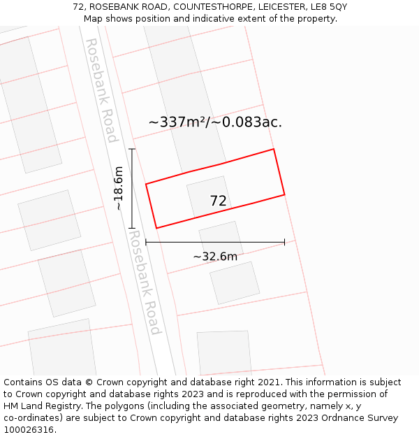 72, ROSEBANK ROAD, COUNTESTHORPE, LEICESTER, LE8 5QY: Plot and title map