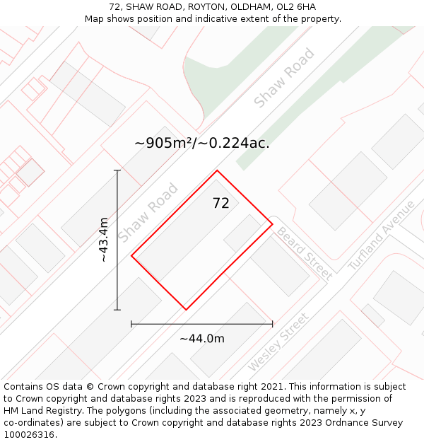 72, SHAW ROAD, ROYTON, OLDHAM, OL2 6HA: Plot and title map
