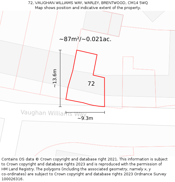 72, VAUGHAN WILLIAMS WAY, WARLEY, BRENTWOOD, CM14 5WQ: Plot and title map
