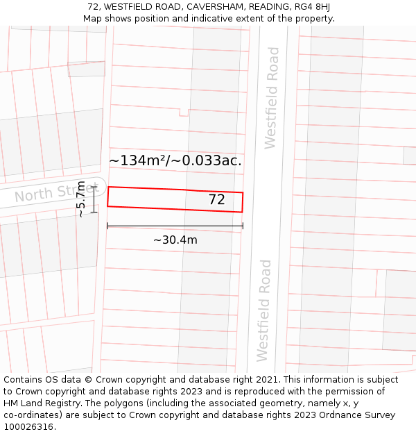 72, WESTFIELD ROAD, CAVERSHAM, READING, RG4 8HJ: Plot and title map