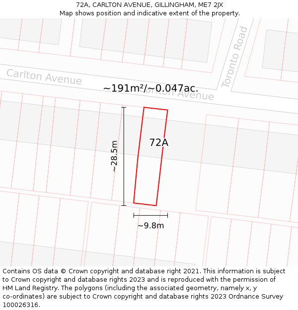 72A, CARLTON AVENUE, GILLINGHAM, ME7 2JX: Plot and title map