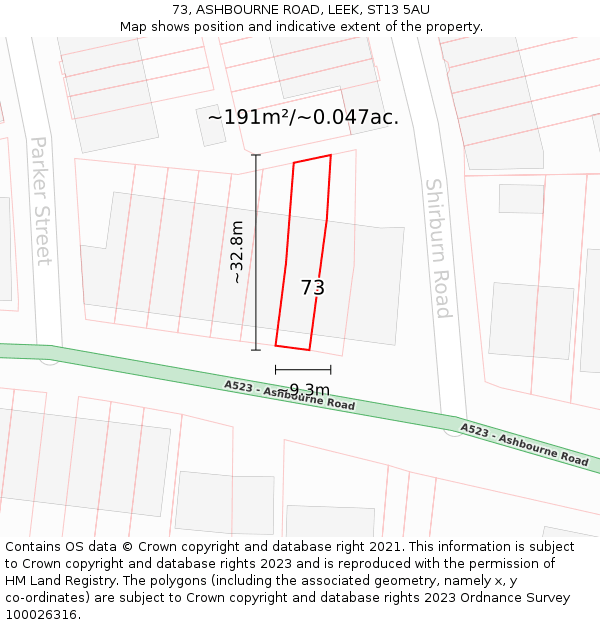 73, ASHBOURNE ROAD, LEEK, ST13 5AU: Plot and title map