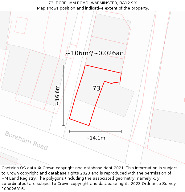 73, BOREHAM ROAD, WARMINSTER, BA12 9JX: Plot and title map