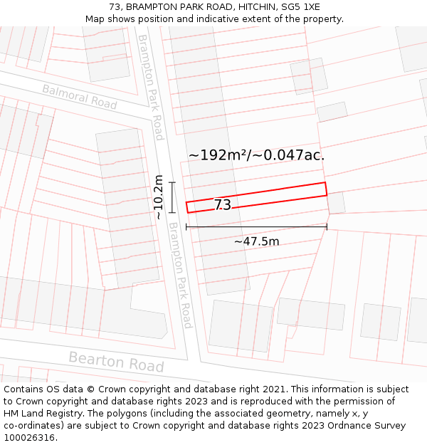 73, BRAMPTON PARK ROAD, HITCHIN, SG5 1XE: Plot and title map
