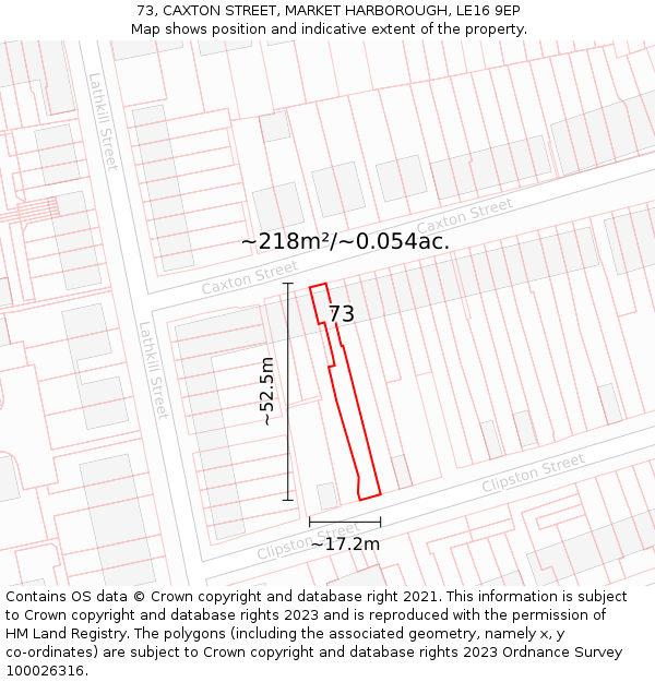 73, CAXTON STREET, MARKET HARBOROUGH, LE16 9EP: Plot and title map