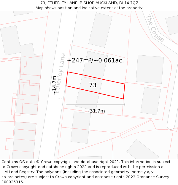 73, ETHERLEY LANE, BISHOP AUCKLAND, DL14 7QZ: Plot and title map