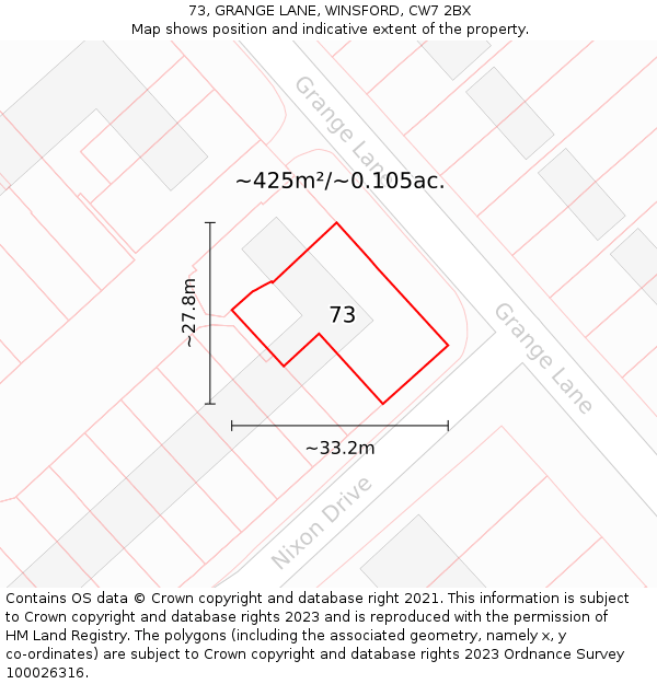 73, GRANGE LANE, WINSFORD, CW7 2BX: Plot and title map