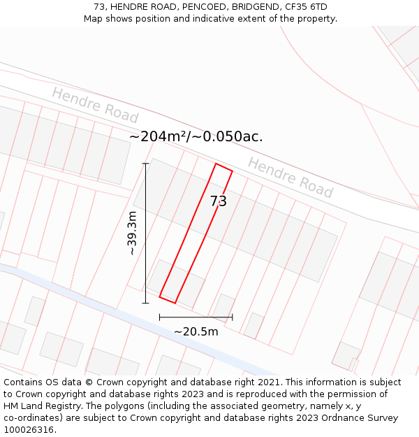 73, HENDRE ROAD, PENCOED, BRIDGEND, CF35 6TD: Plot and title map