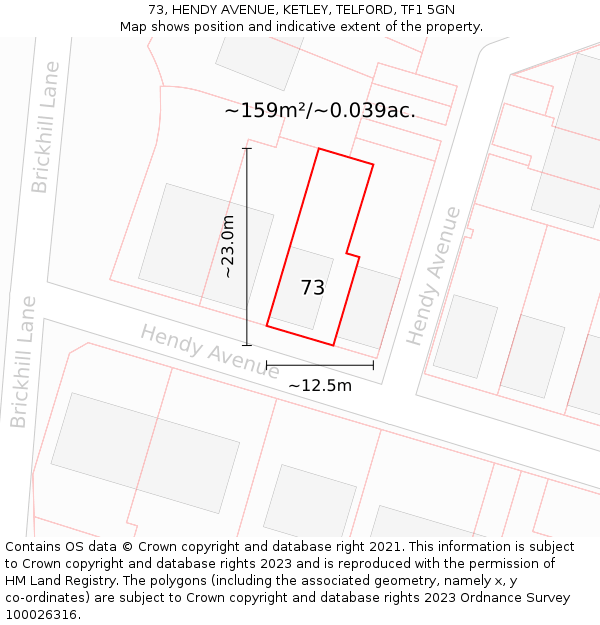 73, HENDY AVENUE, KETLEY, TELFORD, TF1 5GN: Plot and title map
