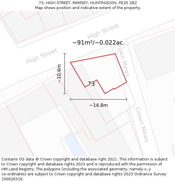 73, HIGH STREET, RAMSEY, HUNTINGDON, PE26 1BZ: Plot and title map