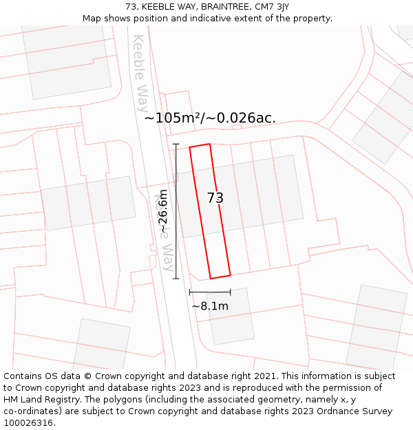 73, KEEBLE WAY, BRAINTREE, CM7 3JY: Plot and title map