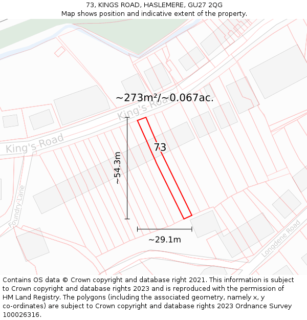73, KINGS ROAD, HASLEMERE, GU27 2QG: Plot and title map