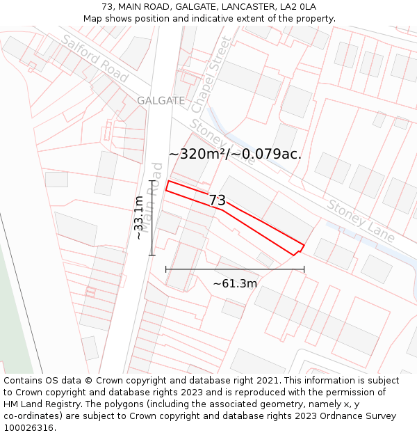 73, MAIN ROAD, GALGATE, LANCASTER, LA2 0LA: Plot and title map