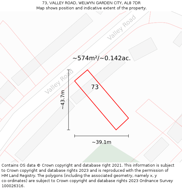 73, VALLEY ROAD, WELWYN GARDEN CITY, AL8 7DR: Plot and title map