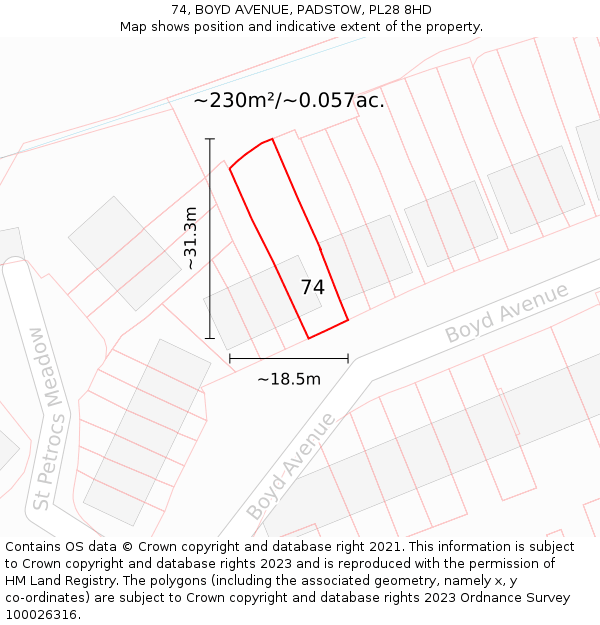 74, BOYD AVENUE, PADSTOW, PL28 8HD: Plot and title map