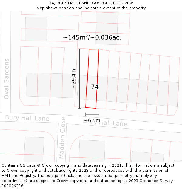 74, BURY HALL LANE, GOSPORT, PO12 2PW: Plot and title map