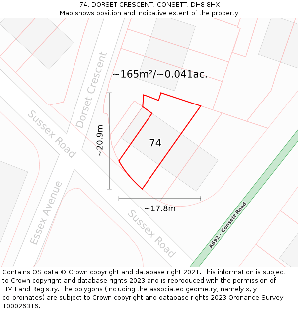 74, DORSET CRESCENT, CONSETT, DH8 8HX: Plot and title map