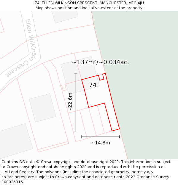 74, ELLEN WILKINSON CRESCENT, MANCHESTER, M12 4JU: Plot and title map