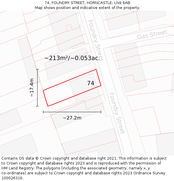 74, FOUNDRY STREET, HORNCASTLE, LN9 6AB: Plot and title map