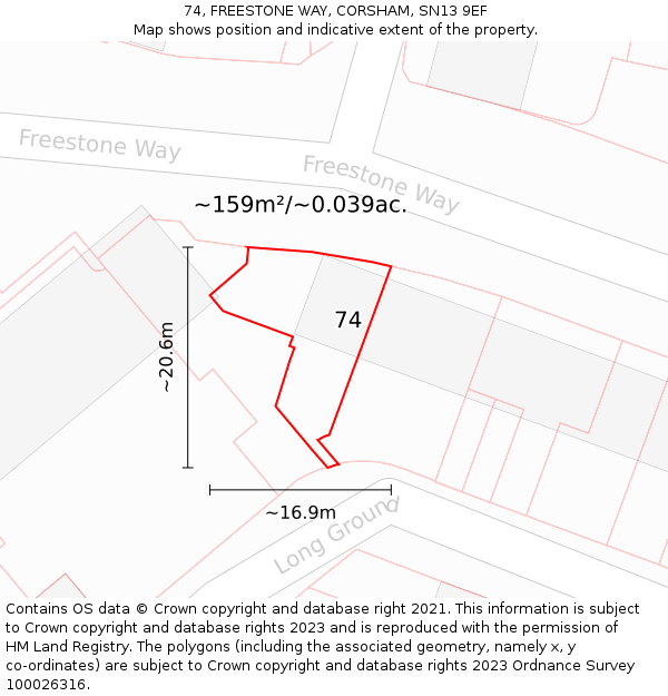 74, FREESTONE WAY, CORSHAM, SN13 9EF: Plot and title map