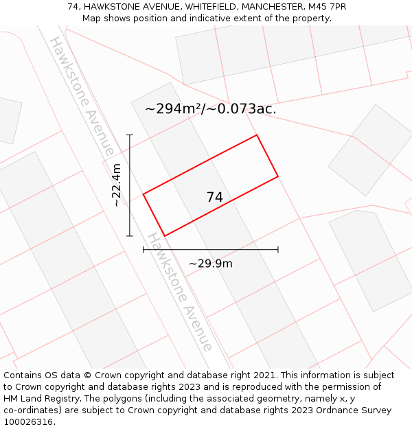74, HAWKSTONE AVENUE, WHITEFIELD, MANCHESTER, M45 7PR: Plot and title map