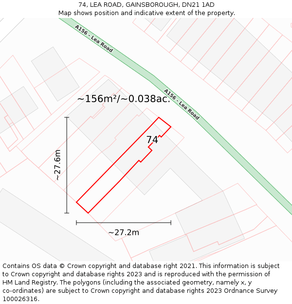 74, LEA ROAD, GAINSBOROUGH, DN21 1AD: Plot and title map
