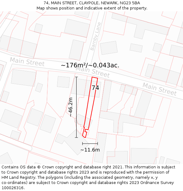 74, MAIN STREET, CLAYPOLE, NEWARK, NG23 5BA: Plot and title map