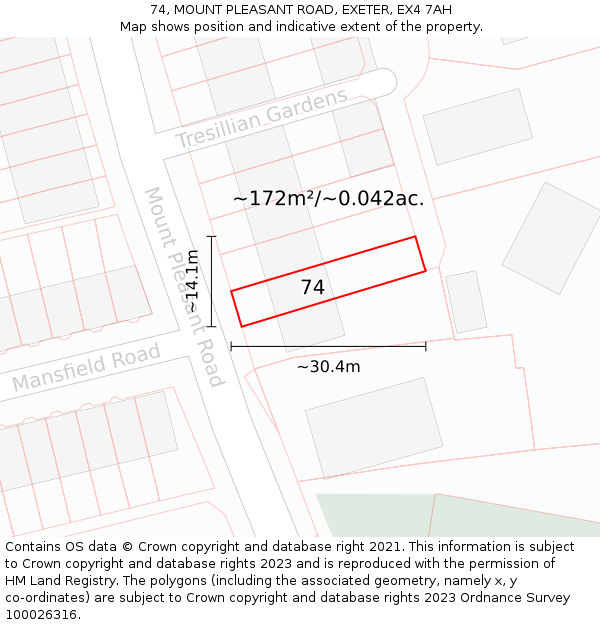 74, MOUNT PLEASANT ROAD, EXETER, EX4 7AH: Plot and title map