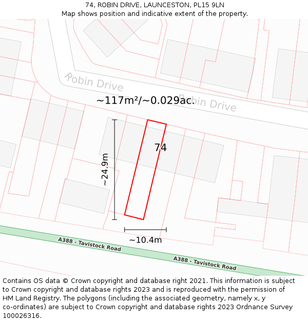 74, ROBIN DRIVE, LAUNCESTON, PL15 9LN: Plot and title map