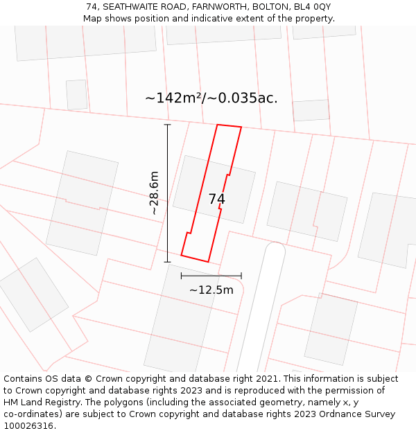 74, SEATHWAITE ROAD, FARNWORTH, BOLTON, BL4 0QY: Plot and title map
