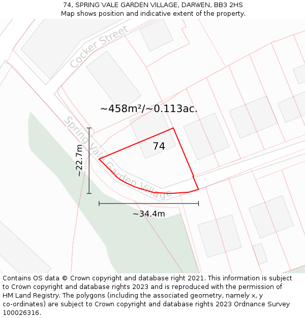 74, SPRING VALE GARDEN VILLAGE, DARWEN, BB3 2HS: Plot and title map