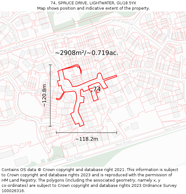 74, SPRUCE DRIVE, LIGHTWATER, GU18 5YX: Plot and title map
