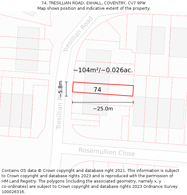 74, TRESILLIAN ROAD, EXHALL, COVENTRY, CV7 9PW: Plot and title map