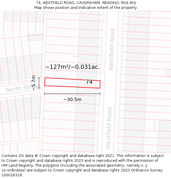 74, WESTFIELD ROAD, CAVERSHAM, READING, RG4 8HJ: Plot and title map
