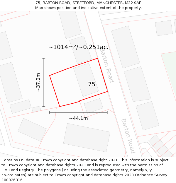 75, BARTON ROAD, STRETFORD, MANCHESTER, M32 9AF: Plot and title map