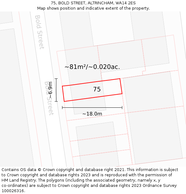 75, BOLD STREET, ALTRINCHAM, WA14 2ES: Plot and title map