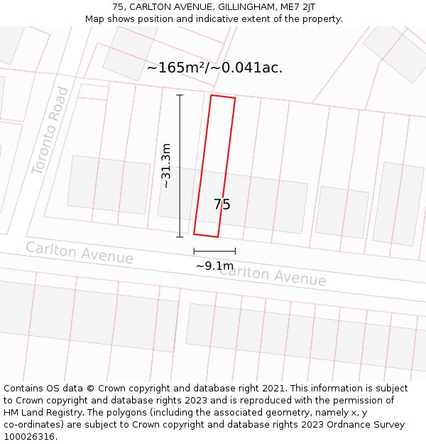 75, CARLTON AVENUE, GILLINGHAM, ME7 2JT: Plot and title map