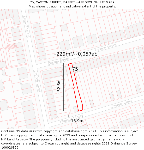 75, CAXTON STREET, MARKET HARBOROUGH, LE16 9EP: Plot and title map