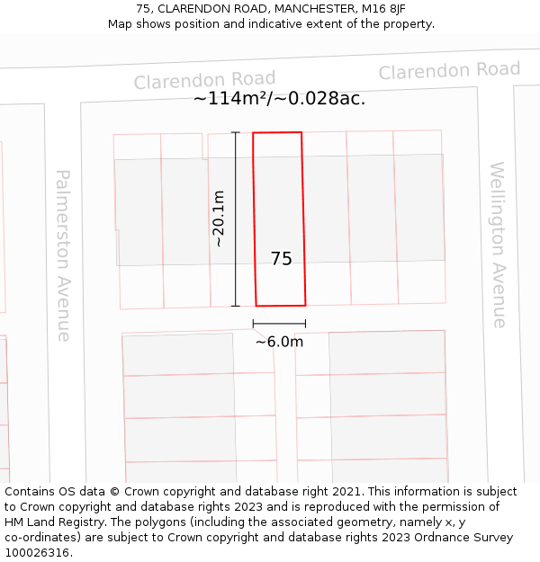 75, CLARENDON ROAD, MANCHESTER, M16 8JF: Plot and title map