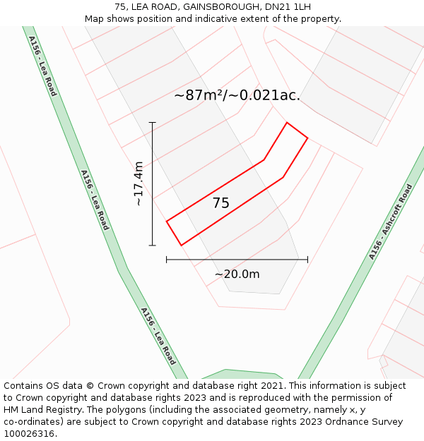 75, LEA ROAD, GAINSBOROUGH, DN21 1LH: Plot and title map