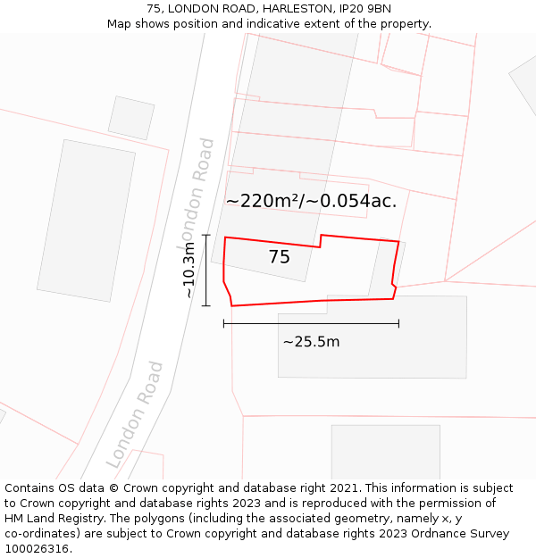 75, LONDON ROAD, HARLESTON, IP20 9BN: Plot and title map
