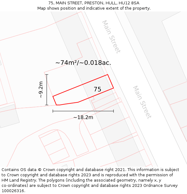 75, MAIN STREET, PRESTON, HULL, HU12 8SA: Plot and title map
