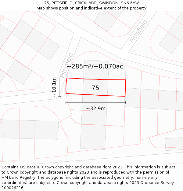 75, PITTSFIELD, CRICKLADE, SWINDON, SN6 6AW: Plot and title map