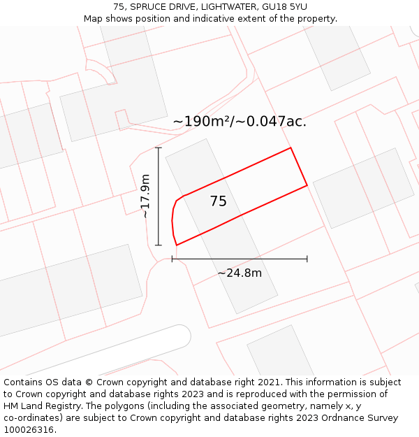 75, SPRUCE DRIVE, LIGHTWATER, GU18 5YU: Plot and title map