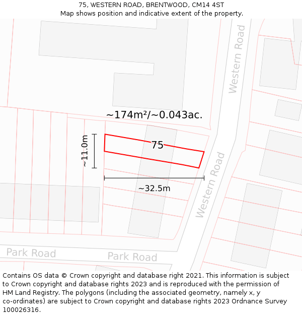 75, WESTERN ROAD, BRENTWOOD, CM14 4ST: Plot and title map