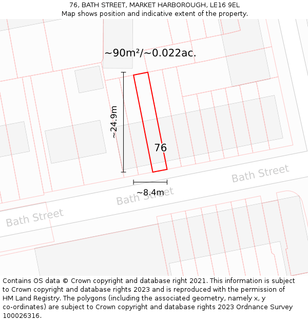 76, BATH STREET, MARKET HARBOROUGH, LE16 9EL: Plot and title map