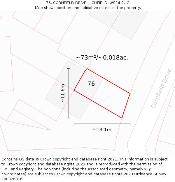 76, CORNFIELD DRIVE, LICHFIELD, WS14 9UG: Plot and title map