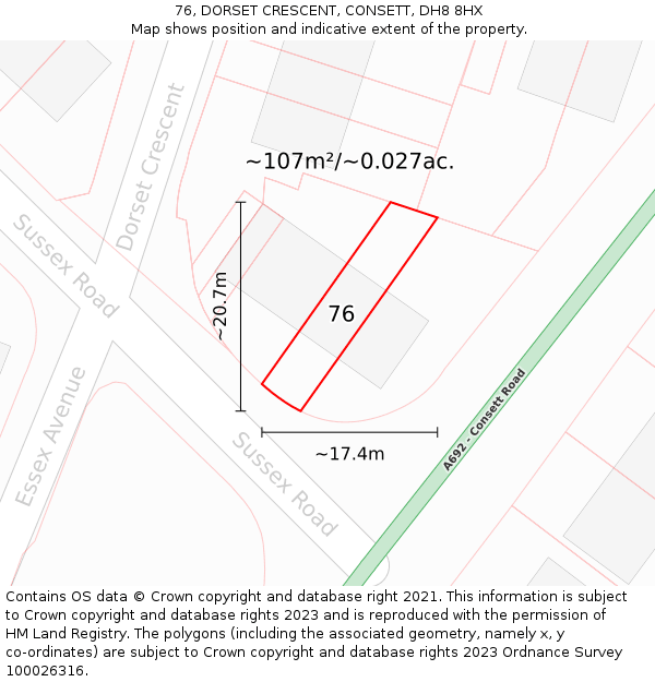 76, DORSET CRESCENT, CONSETT, DH8 8HX: Plot and title map
